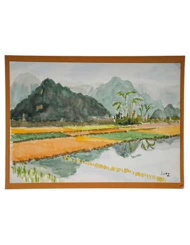 亚洲风景中的水稻种植园水彩画，20 世纪。