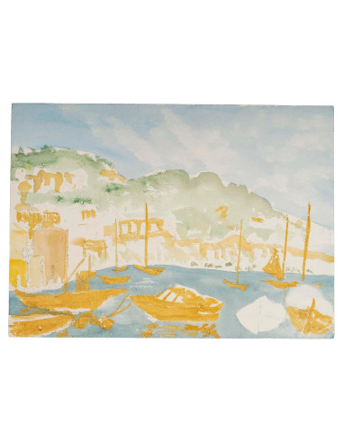 港口与船只的水彩画，20 世纪。