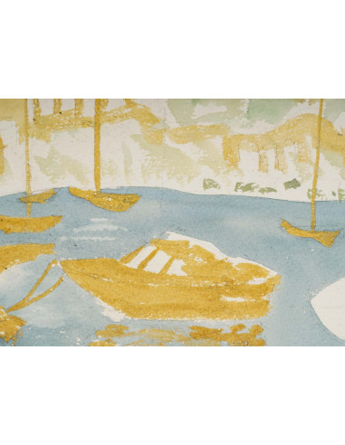 港口与船只的水彩画，20 世纪。