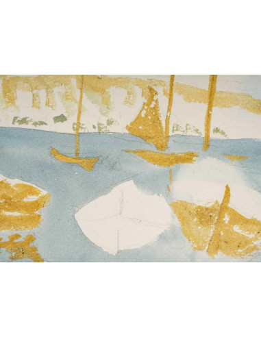 港口与船只的水彩画，20 世纪。