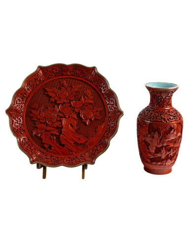 Red lacquer dish and vase, China, mid...