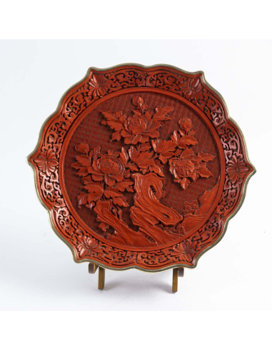 Red lacquer dish and vase, China, mid...