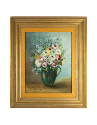油画，画板，花束，署名 Sivet de Rana，20 世纪。