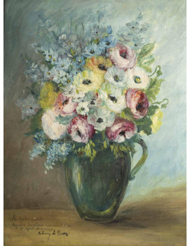 油画，画板，花束，署名 Sivet de Rana，20 世纪。