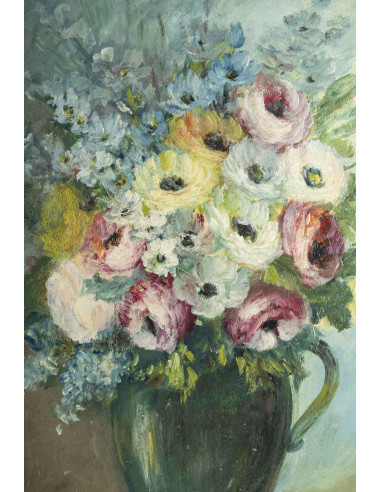 油画，画板，花束，署名 Sivet de Rana，20 世纪。