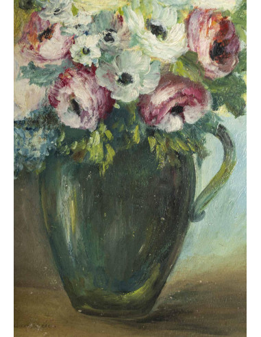 油画，画板，花束，署名 Sivet de Rana，20 世纪。