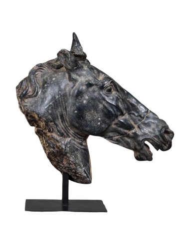Groot beeld van een zwart paardenhoofd.