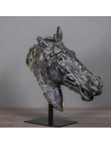Sculpture of a black horse's head,...