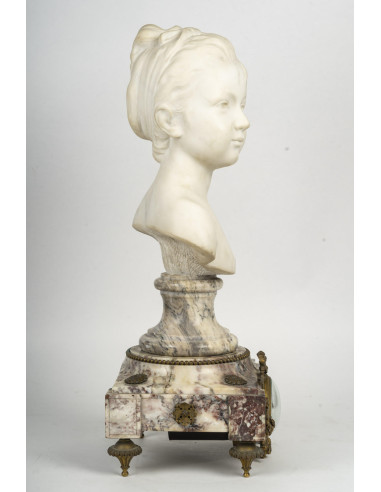 时钟底座上的胡东（Houdon）半身大理石雕像，19 世纪，拿破仑三世时期。