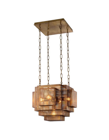 Modernist chandelier in patinated brass.