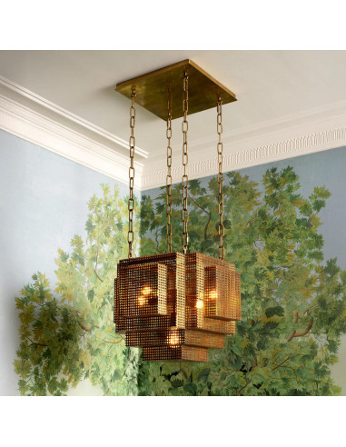 Modernist chandelier in patinated brass.