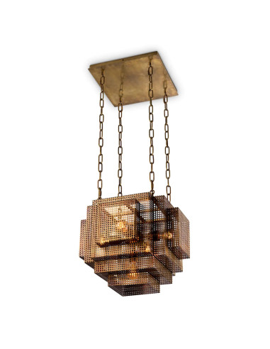 Modernist chandelier in patinated brass.