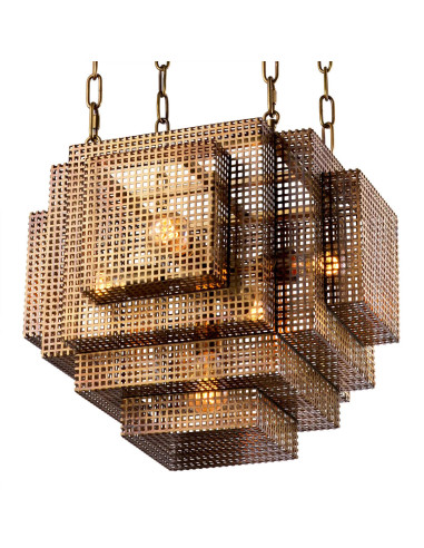 Modernist chandelier in patinated brass.