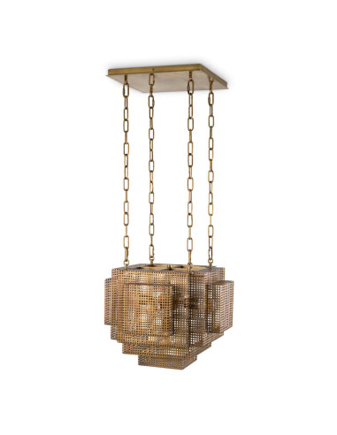 Modernist chandelier in patinated brass.
