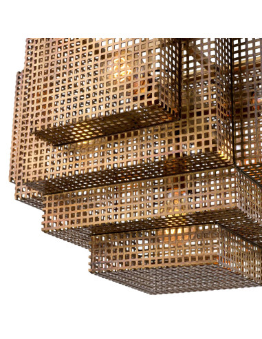 Modernist chandelier in patinated brass.