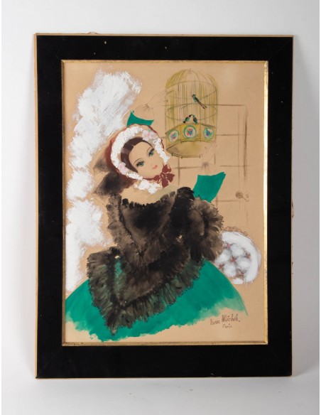 Aquarelle, красивый epoque, 1900-1920, подписанный renée michèle, paris