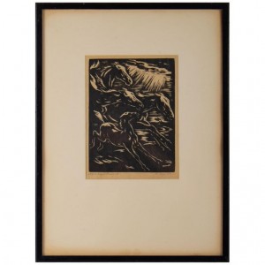 Grabado, firmado, 1928, que representa caballos estilizados en una carrera, enmarcado
