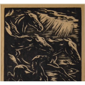 Grabado, firmado, 1928, que representa caballos estilizados en una carrera, enmarcado 2