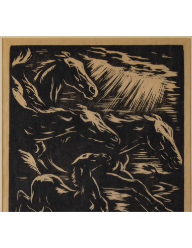Engraving, signed, 1928, representing stylized horses in race, framed