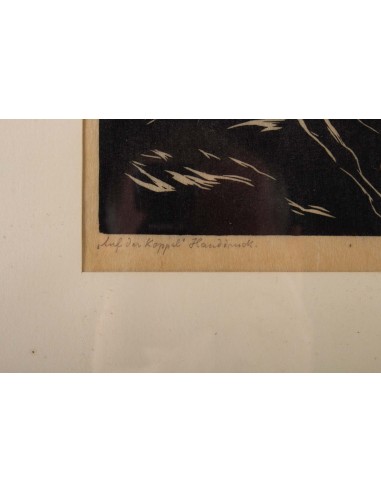 Engraving, signed, 1928, representing stylized horses in race, framed