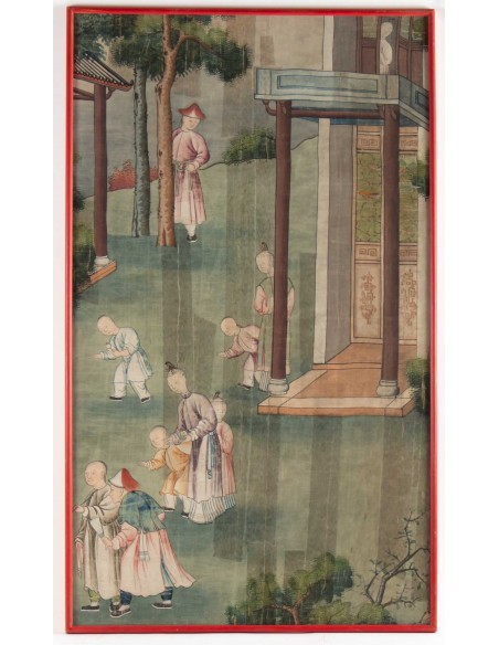 Seide, chinesische Malerei, Xixth Jahrhundert, Tempelszene, Asie