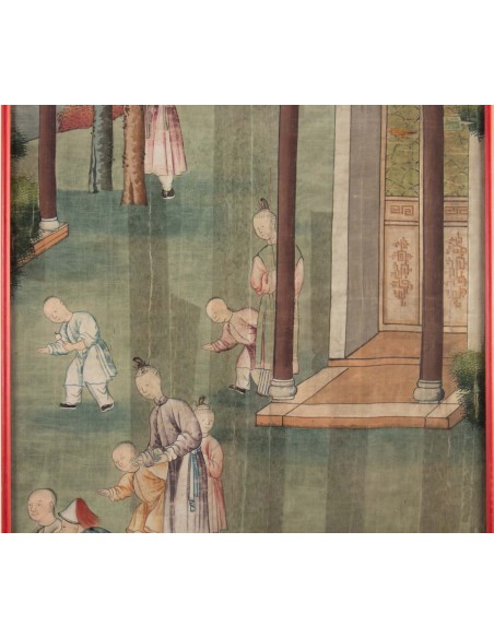 Seta, pittura cinese, xixth secolo, scena tempio, asie