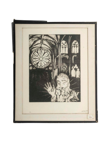 石版画，教堂内部，1/2，署名 Ev Bouteil。