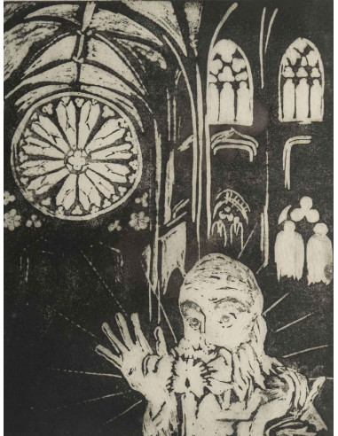 石版画，教堂内部，1/2，署名 Ev Bouteil。