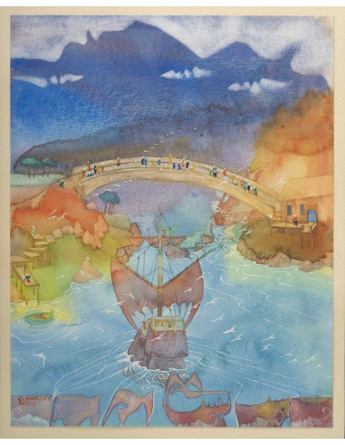 帕特里克-甘纳特（Patrick Gannat）描绘亚洲景色的玻璃框水彩画。