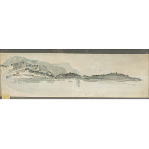 带框水彩画，海边，20 世纪。 2
