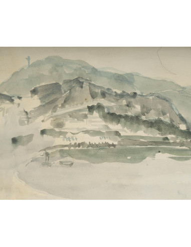 带框水彩画，海边，20 世纪。