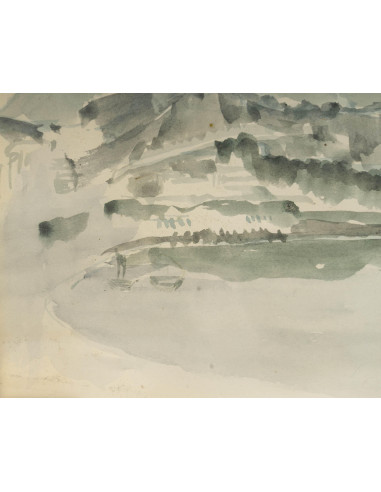 带框水彩画，海边，20 世纪。