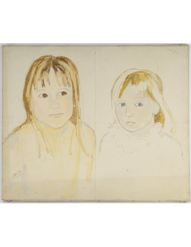 画布上的水彩画，两个年轻女孩肖像的准备工作，20 世纪。