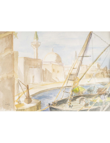 纸上水彩画《圣让德阿克里港》，作者 Evelyne Luez，20 世纪。