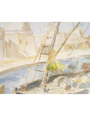 纸上水彩画《圣让德阿克里港》，作者 Evelyne Luez，20 世纪。