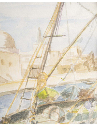 纸上水彩画《圣让德阿克里港》，作者 Evelyne Luez，20 世纪。