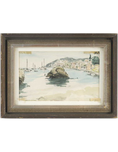 纸上水彩画，维勒弗朗什海港，作者 Evelyne Luez，20 世纪。