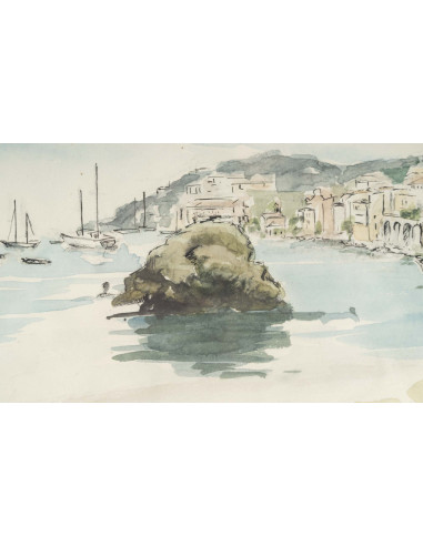 纸上水彩画，维勒弗朗什海港，作者 Evelyne Luez，20 世纪。