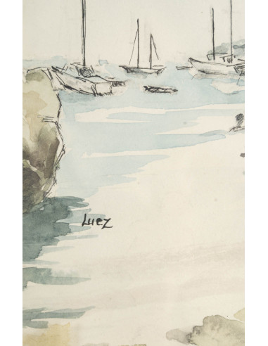 纸上水彩画，维勒弗朗什海港，作者 Evelyne Luez，20 世纪。