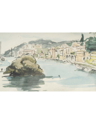 纸上水彩画，维勒弗朗什海港，作者 Evelyne Luez，20 世纪。