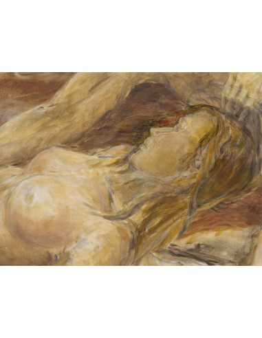 Evelyne Luez 创作的大型布面油画，描绘了躺着的一男一女。