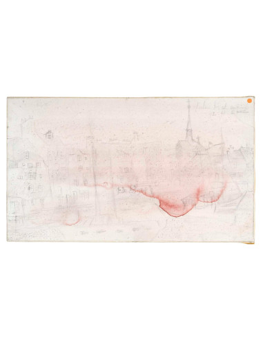 Jochen Michaelis 的布面素描和油画，从村庄和红雾中看到的景象。