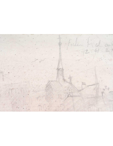 Jochen Michaelis 的布面素描和油画，从村庄和红雾中看到的景象。