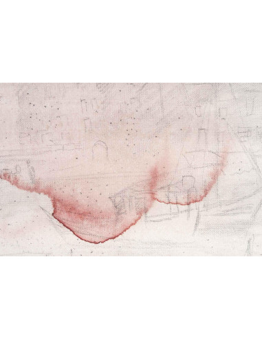 Jochen Michaelis 的布面素描和油画，从村庄和红雾中看到的景象。