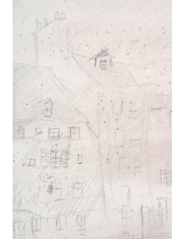 Jochen Michaelis 的布面素描和油画，从村庄和红雾中看到的景象。
