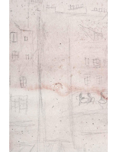 Jochen Michaelis 的布面素描和油画，从村庄和红雾中看到的景象。