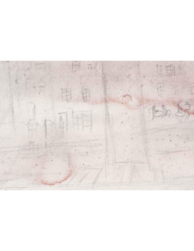 Jochen Michaelis 的布面素描和油画，从村庄和红雾中看到的景象。