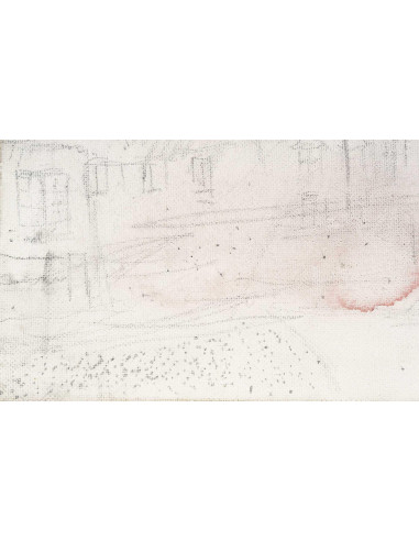 Jochen Michaelis 的布面素描和油画，从村庄和红雾中看到的景象。