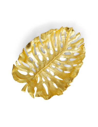 一对现代镀金金属 monstera 叶中心装饰碗