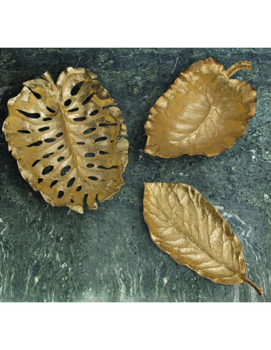 一对现代镀金金属 monstera 叶中心装饰碗
